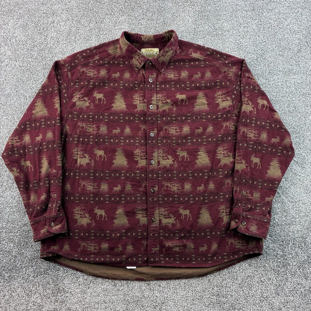 Cabela's Deerskin Soft Chamois Shirt Mens 2XL Burgundy Cotton Moose Aztec Button